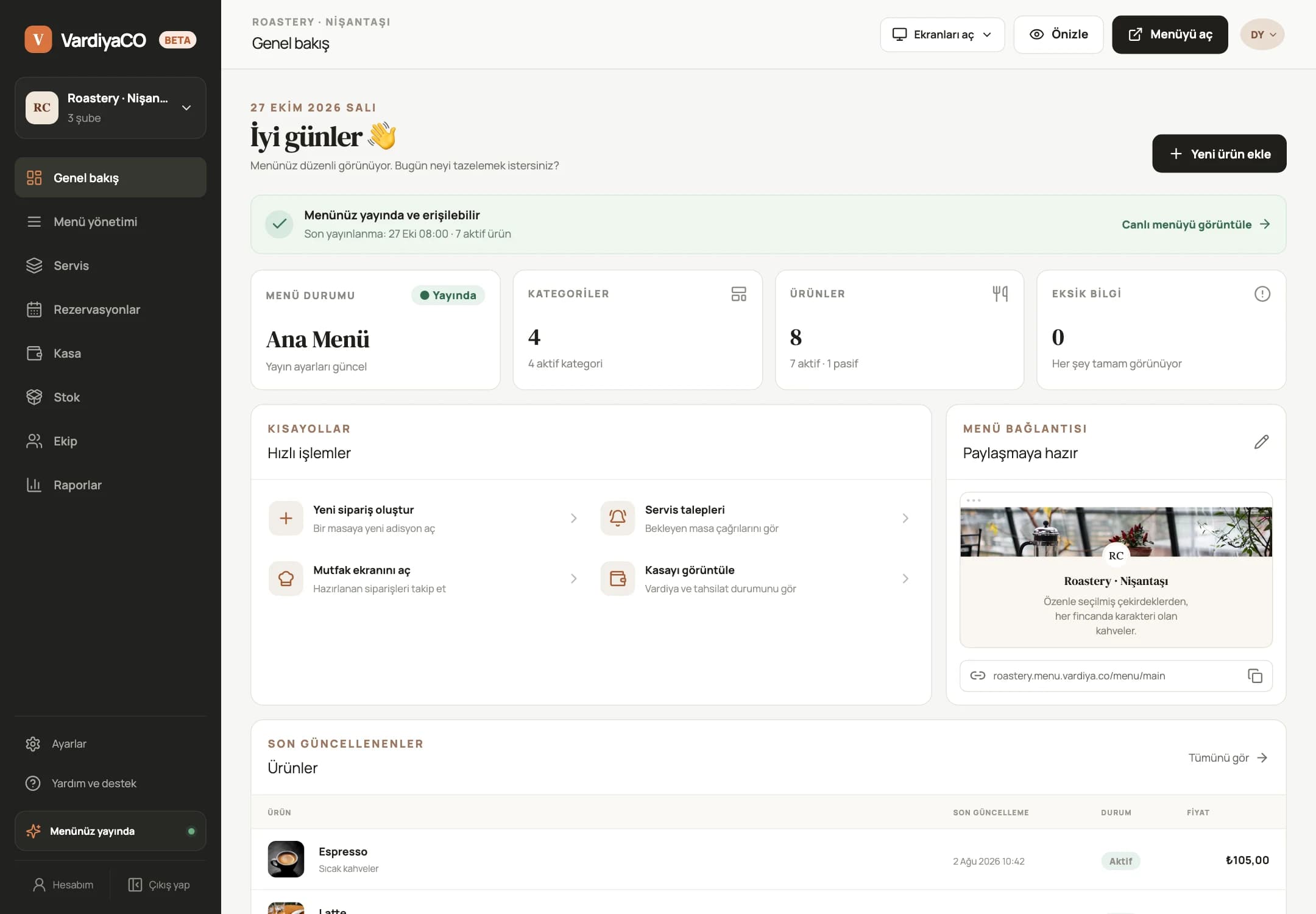 VardiyaCO web panelinde Roastery örnek işletmesinin menü durumu, ürünleri ve hızlı işlemleri