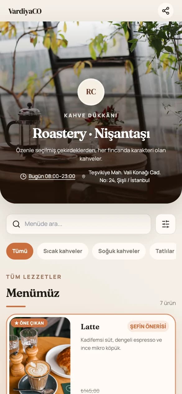 QR menü uygulama ekranı